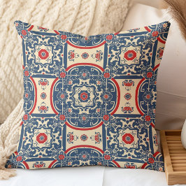 Rot und Blau Chinoiserie Chinesisches Fliesenmuste Kissen