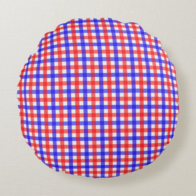 Rot und Blau Gingham Kariert Rundes Kissen (Vorderseite)