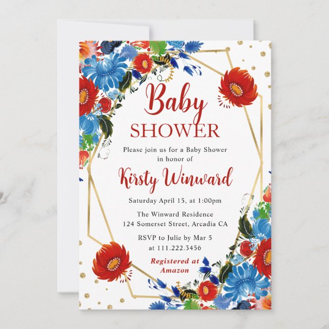 Rot und Blau Sommer Blume Frame Baby Dusche Einladung (Vorderseite)