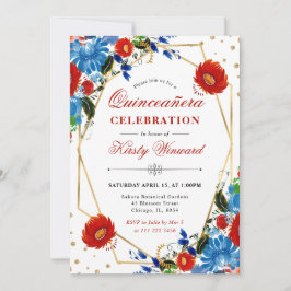 Rot und Blauer Frühling Blumen Rahmen Quinceanera Einladung