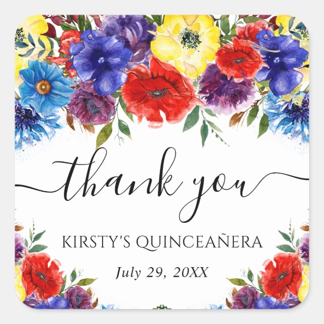 Rot und Blauer Sommer Blume Quinceanera Quadratischer Aufkleber (Vorderseite)