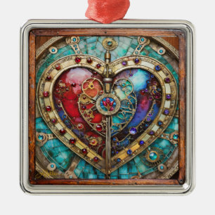 Rot- und Blauglas-Herz Steampunk-Serie Ornament Aus Metall