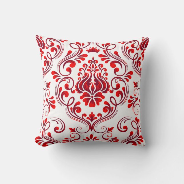 Rot und Burgund Damask Blumenmuster Elegant Kissen (Vorderseite)