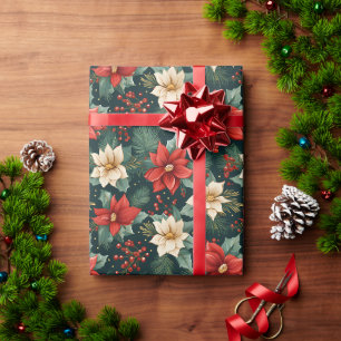 Rot und Creme Poinsettias mit Berries Geschenkpapier