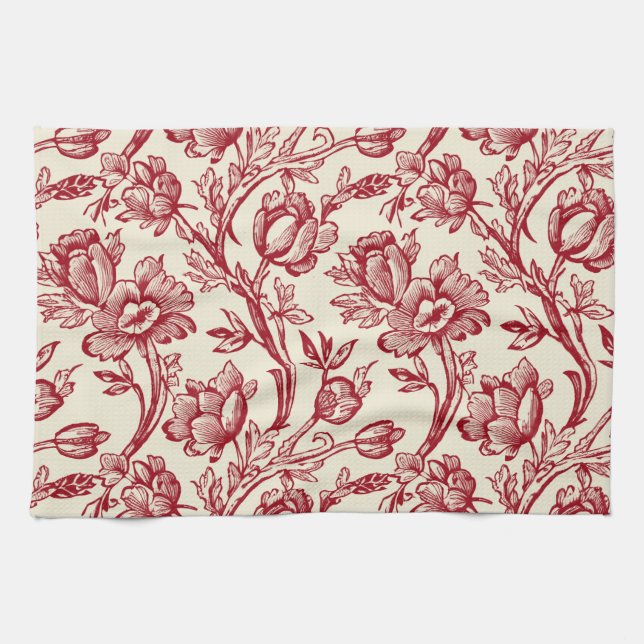 Rot und Creme Tulips Toile - französisches Landdek Geschirrtuch (Horizontal)