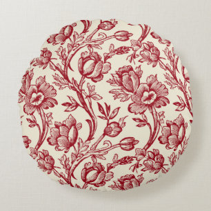 Rot und Creme Tulips Toile - französisches Landdek Rundes Kissen