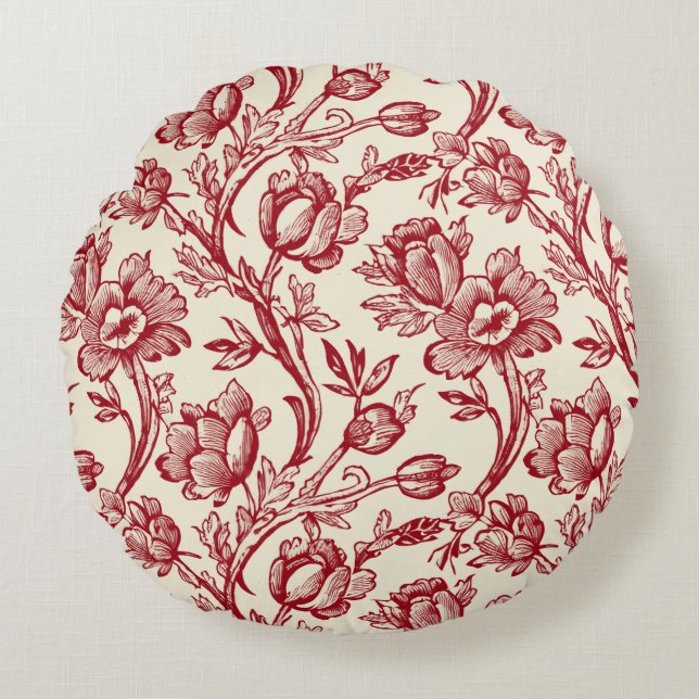 Rot und Creme Tulips Toile - französisches Landdek Rundes Kissen (Vorderseite)