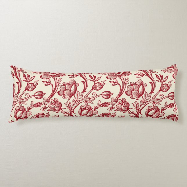 Rot und Creme Tulips Toile - französisches Landdek Seitenschläferkissen (Vorderseite)