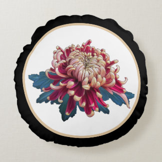 Rot und gelb Chrysanthemum Abbildung schwarz Rundes Kissen