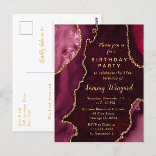Rot und Gold Agate Marble Geburtstagsparty Postkarte
