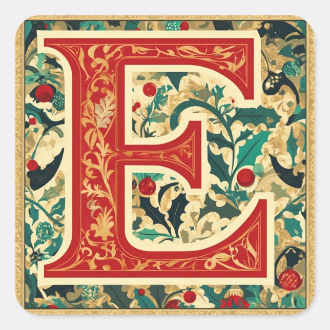 Rot und Gold "E" mit Weihnachtsgrün Quadratischer Aufkleber (Vorderseite)