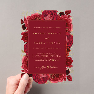 Rot und Gold Elegante Rose Klare Hochzeit Acryleinladungen