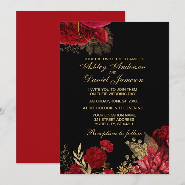 ROT UND GOLD ELEGANTE ROSE WEDING EINLADUNGEN (Vorne/Hinten)