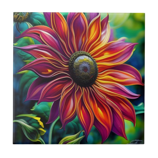 Rot und Gold filigrane Sonnenblume Fliese (Vorderseite)