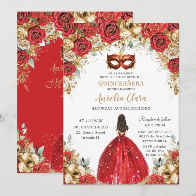 Rot und Gold Floral Masquerade Ball Quinceañera Einladung (Vorne/Hinten)