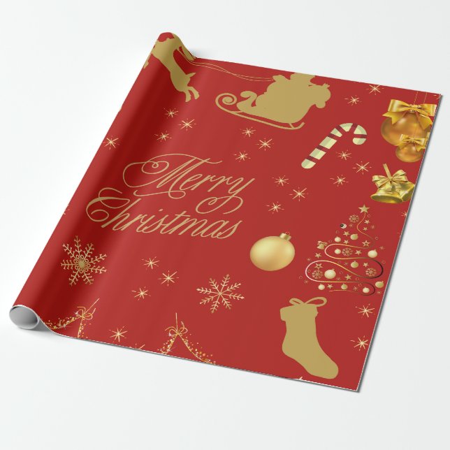 Rot und Gold frohe Weihnachtsmuster Geschenkpapier (Ungerollt)