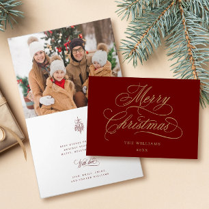 Rot und Gold Frohe Weihnachtsschrift Foto geklappt Feiertagskarte
