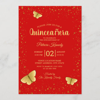 Rot und Gold Glitzer Butterfly Quinceanera Einladung
