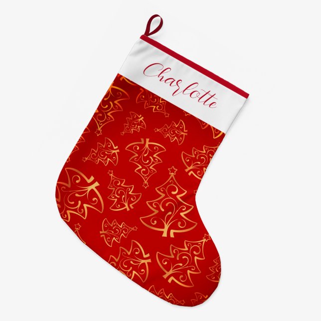 Rot und Gold Individuelle Name Großer Weihnachtsstrumpf (Vorderansicht (hängend))
