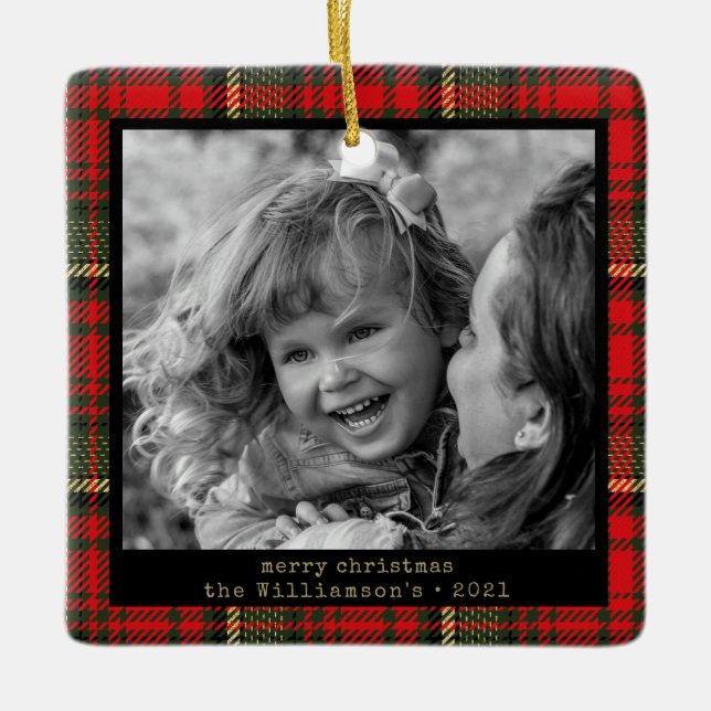 Rot und Gold Karierte Foto Weihnachten Keramikornament (Vorderseite)