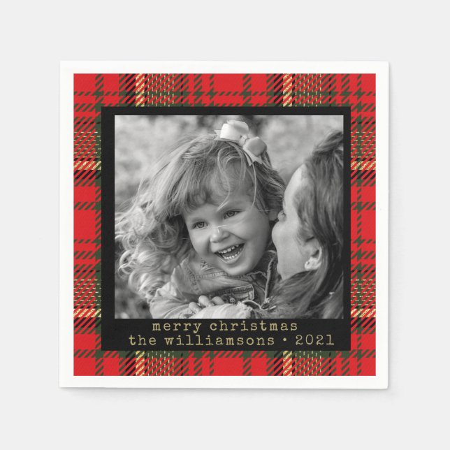 Rot und Gold Karierte Foto Weihnachten Serviette (Vorderseite)