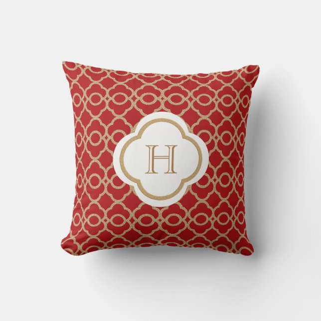 Rot und Gold marokkanisches Monogramm Kissen (Vorderseite)