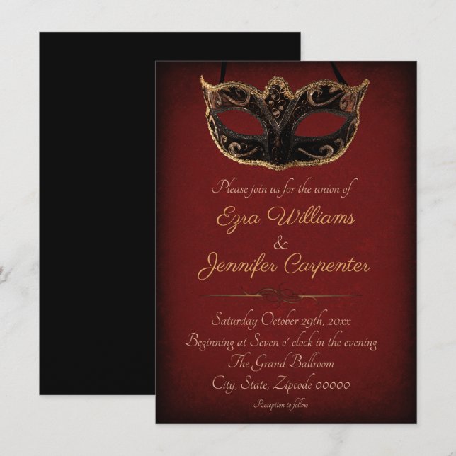 Rot und Gold Masquerade Hochzeit Einladung (Vorne/Hinten)