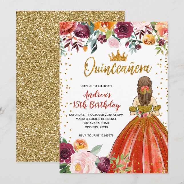Rot und Gold Prinzessin Floral Quinceñera Geburtst Einladung (Vorne/Hinten)