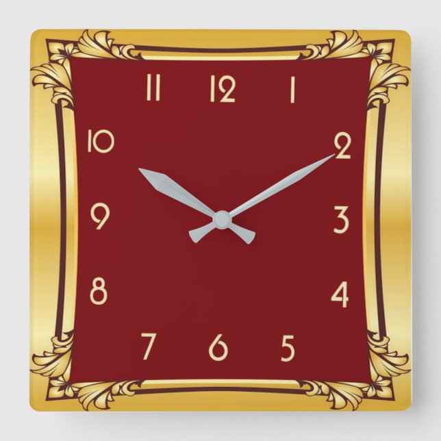 Rot und Gold Quadratische Wanduhr (Vorderseite)