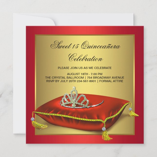 Rot und Gold Quinceanera Einladung (Vorderseite)