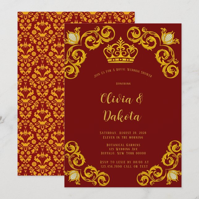 Rot und Gold Royal Crown Polterabend Einladung (Vorne/Hinten)