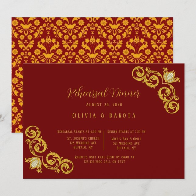 Rot und Gold Royal Wedding Probe Dinner Einladung (Vorne/Hinten)