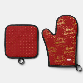 Rot und Gold Weihnachten Ofenhandschuh & Topflappen-Set
