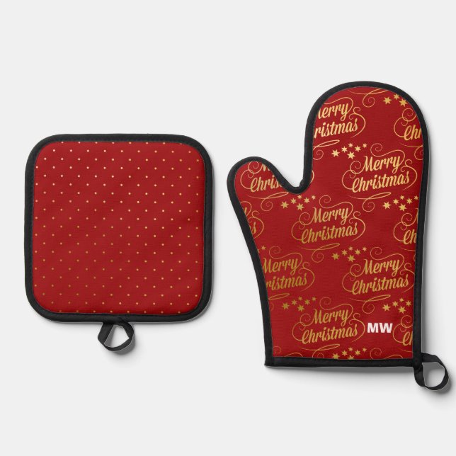 Rot und Gold Weihnachten Ofenhandschuh & Topflappen-Set (Vorderseite)