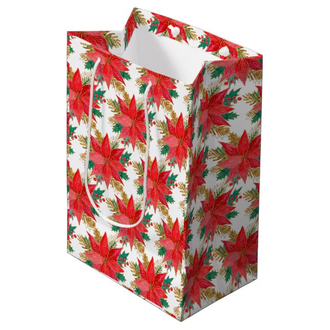 Rot und Gold Weihnachten Poinsettia Muster Mittlere Geschenktüte (Vorderseite Schrägansicht)