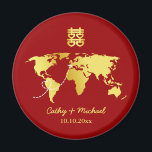 Rot und Gold Weltkarte Ziel chinesische Hochzeit Magnet<br><div class="desc">Realisieren Sie Ihre Trauzeit mit einer orientalischen Touch! Sie können das Design anpassen, indem Sie Ihre Namen und Hochzeitstermin etc. hinzufügen. Sie sind auch herzlich eingeladen, mich für jedes besondere Design, das für Sie einzigartig ist, anzusprechen. Das doppelte Glückssymbol und die roten Dekorationen sind das Muss für Paare, die ihre...</div>