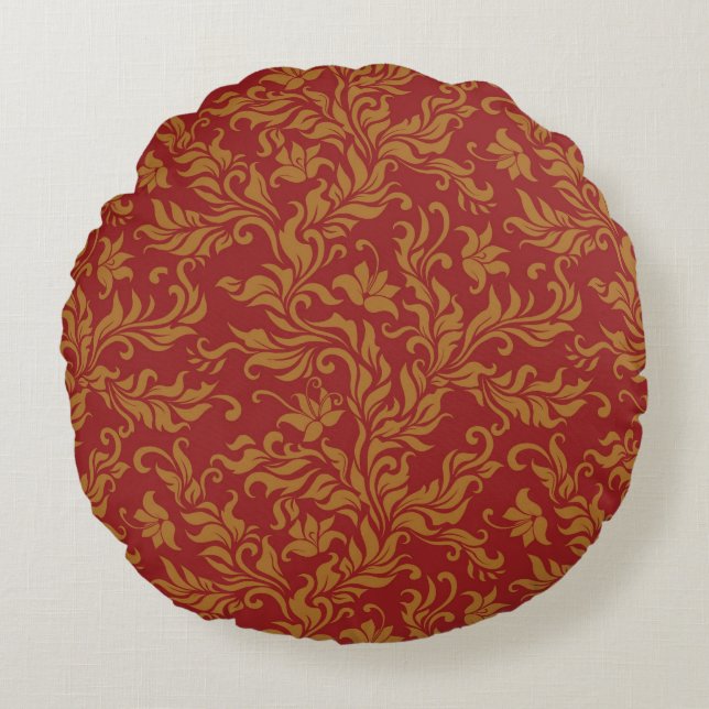 Rot und Goldblumenmuster Rundes Kissen (Vorderseite)