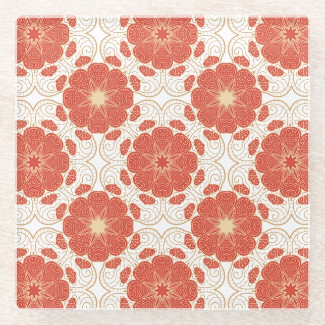 Rot und Goldblumenspitze-Muster Glasuntersetzer (Vorderseite)