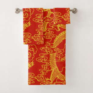 Rot und Goldchinesisches Drache-Muster Badhandtuch Set