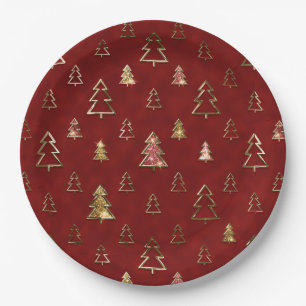 Rot- und goldfarbene Weihnachtsbäume aus Metallimi Pappteller