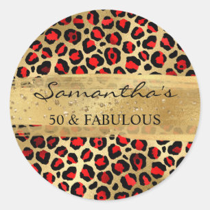 Rot- und Goldfolie Leopard 50 & Fabelhaft Runder Aufkleber