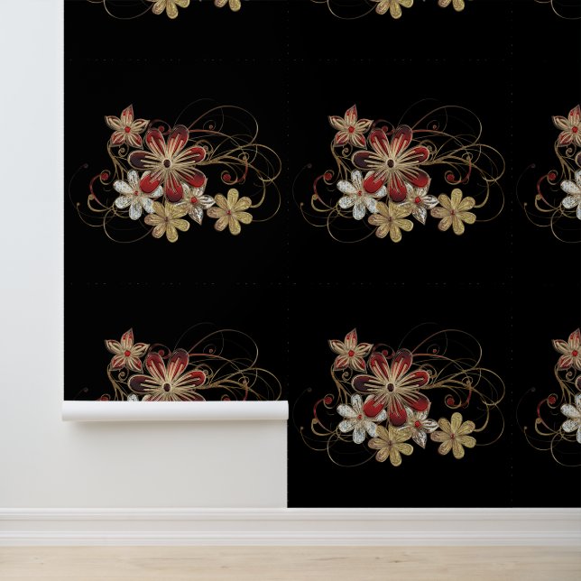 Rot- und Goldschmuck-Blume mit Farbschwarz Tapete (Anwendung)