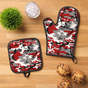 Rot und Grau Camouflage, Militär, Armee Ofenhandschuh & Topflappen-Set