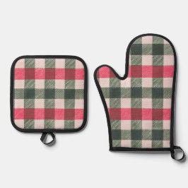 Rot und Grün Bauernhof Gingham Ofenhandschuh & Topflappen-Set