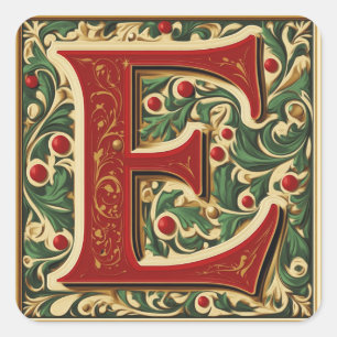 Rot und Grün "E" mit festlichen Gold-Ornamenten Quadratischer Aufkleber
