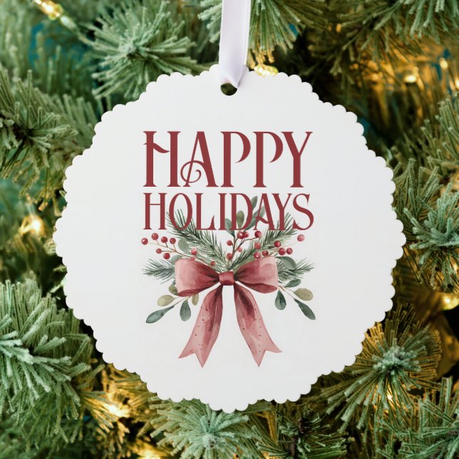 Rot und Grün Elegant Bow Greenery Happy Holidays Ornament Karte (Insitu (Baum))