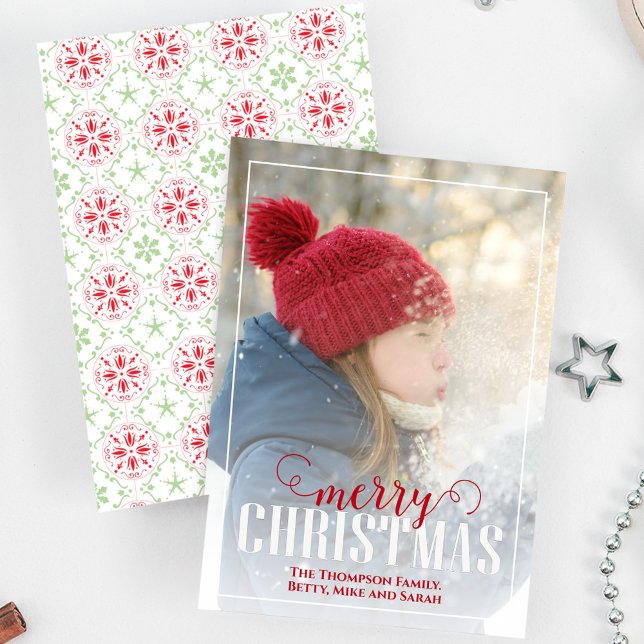 Rot und Grün frohe Weihnachten Ein Foto (Merry Christmas photo card with red and green snowflake pattern,)
