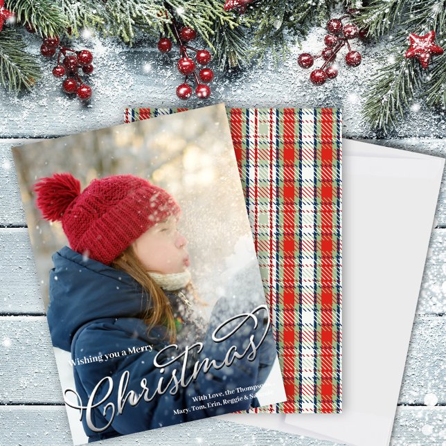 Rot und Grün Frohe Weihnachten Kariertes Foto (Merry Christmas Holiday Photo card with red and green plaid. )
