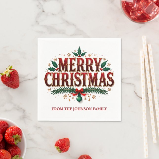 Rot und Grün Holly Border Frohe Weihnachten Serviette (Beispiel)
