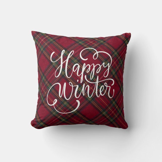 Rot und grün kariert Happy Winter Kissen (Vorderseite)